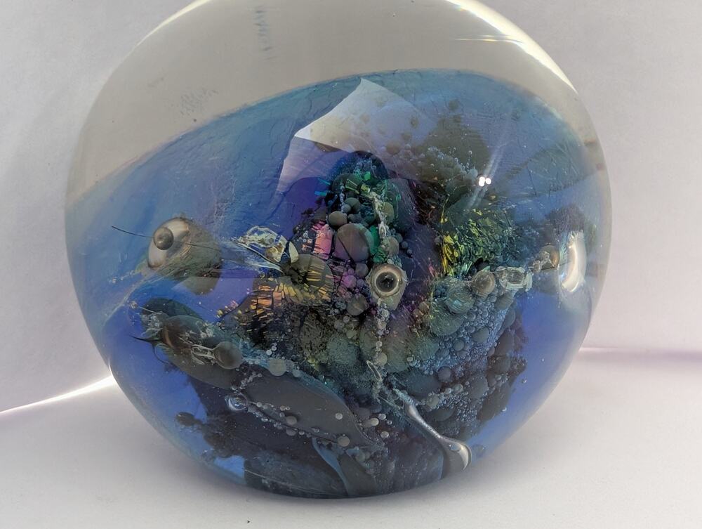 Vintage 1977 Milropa Art Glass Paperweight Signed Blue Iridescent Swirl Hand